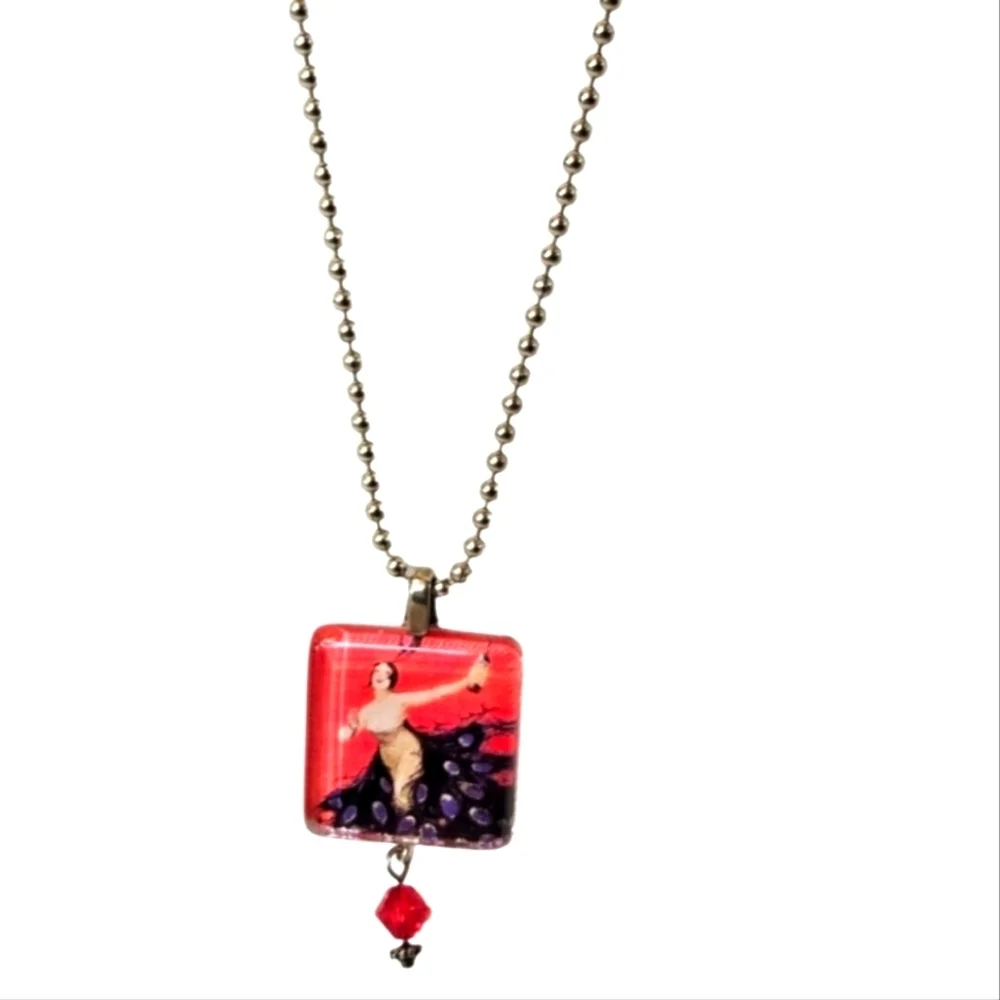 Hand Crafted vintage necklace handmade red & purple paper resin art ball chain